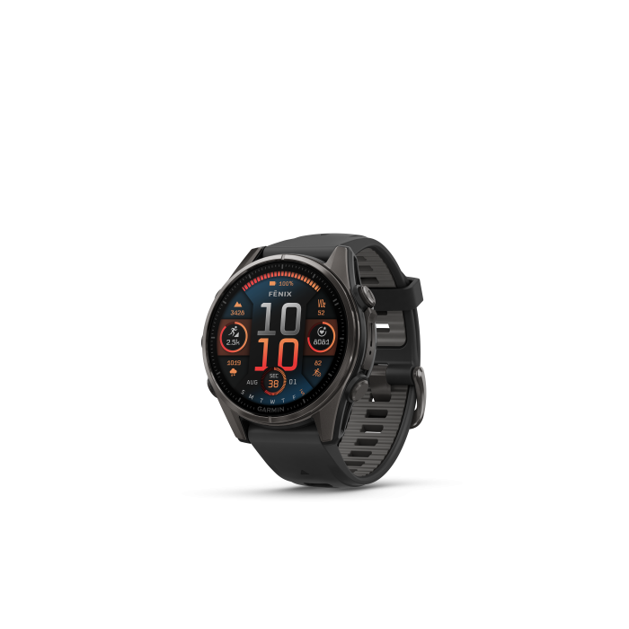 Garmin Fenix 8, 43mm AMOLED Carbon Gray DLC Titanium with Black/Pebble Gray Band, Part number: 010-02903-20