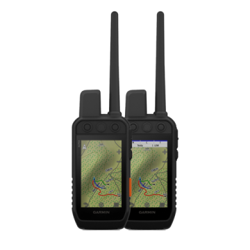 Front view of the Garmin Alpha 300i handheld GPS dog tracking and training device, featuring a 3.5-inch vivid color touchscreen display, black casing, and customizable buttons for tracking and training up to 20 dogs