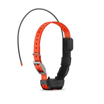 Garmin TT25 GPS dog collar with red LED beacon light and replaceable flex band, shown against a white background.