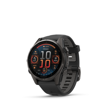 Garmin Fenix 8, 43mm AMOLED Carbon Gray DLC Titanium with Black/Pebble Gray Band, Part number: 010-02903-20